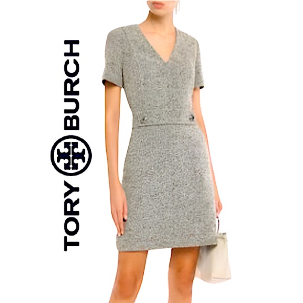 TORY BURCH. NWT. “Priscilla”. Mélange Linen-blend Midi Dress. Rustic Grey. 12